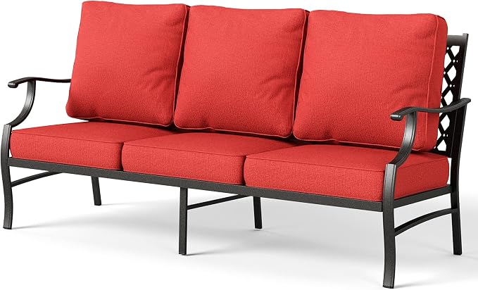 MIXPATIO Patio Couch Metal 3-Seat Outdoor Sofa Deep Seating Outdoor Furniture Red Cushion for Front Porch, Deck, Balcony, Backyard, Sunroom