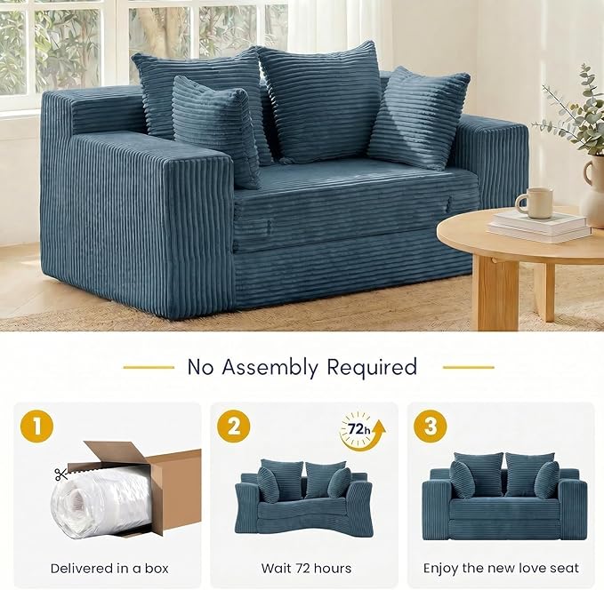 cidludto Convertible Sofa Bed, Boneless Couch 2 in 1 Loveseat Folding Couch Bed Foldable, Chair Bed & Futon Sofa Bed, Small Corduroy Pull Out Sofa with 4 Pillows for Living Room, Blue