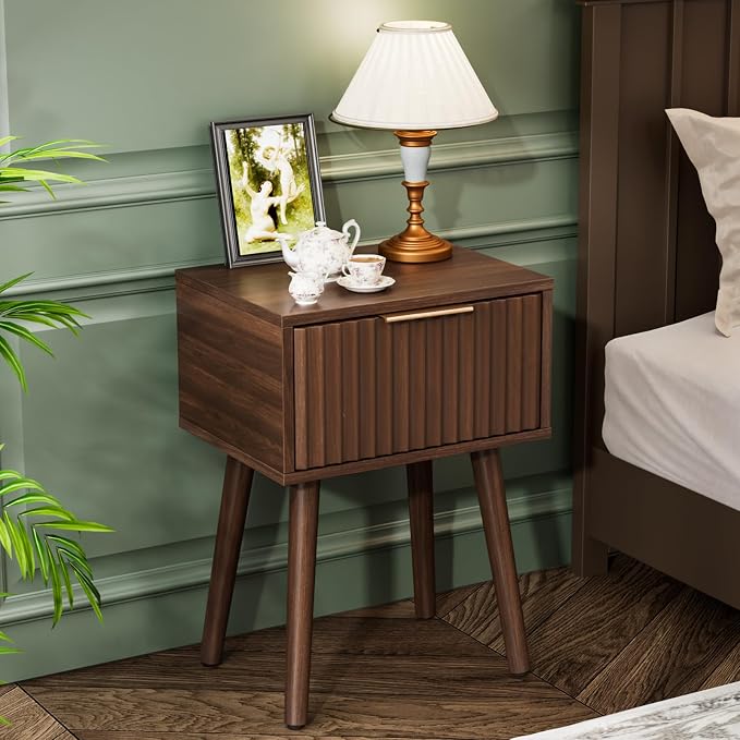 VINGLI Night Stand, Fluted Nightstand Wood, Mid Century Modern Nightstand for Bedroom, Bedside Table, Wood Side Table, Small Night Stand Walnut, 15.75" W*11.81" D*21.85" H