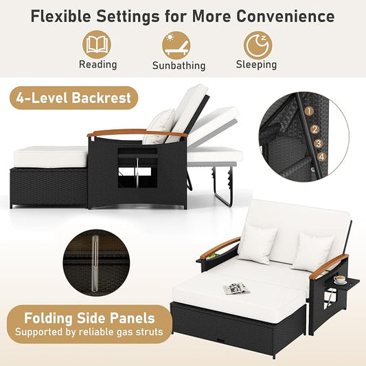 Moccha Outdoor Wicker Daybed, Patio Rattan Loveseat Sofa w/ 4-Level Adjustable Backrest, Folding Panels, Storage Ottoman & Cushions, Lounge Furniture Set for Poolside Backyard Porch (White & Black)