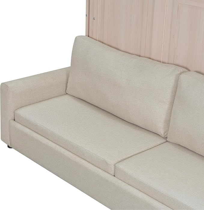 MERITLINE Queen Murphy Bed with Couch and LED Lighting,Solid Wood Folding Murphy Wall Bed Cabinet with Sofa