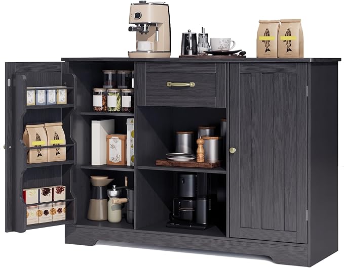 Gizoon 45" Coffee Bar Cabinet with Door and Shelves Kitchen Hutch with Countertop, Kitchen Buffer Cabinet with Storage for Bedroom and Living Room, Black