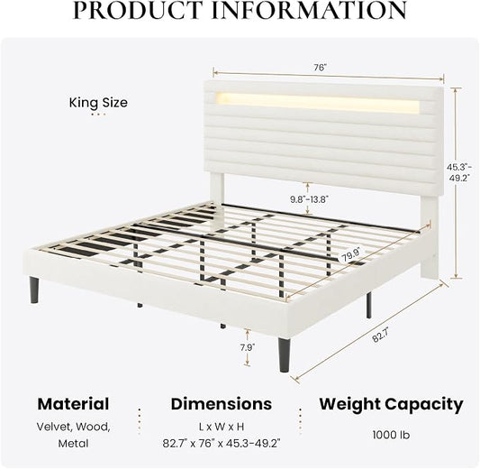 SHA CERLIN King Bed Frame with LED Light & 2-Tier Storage Shelf, Velvet Upholstered Adjustable Headboard with Charing Station, Horizontal Channel Tufted, No Box Spring Needed, Easy Assembly, White