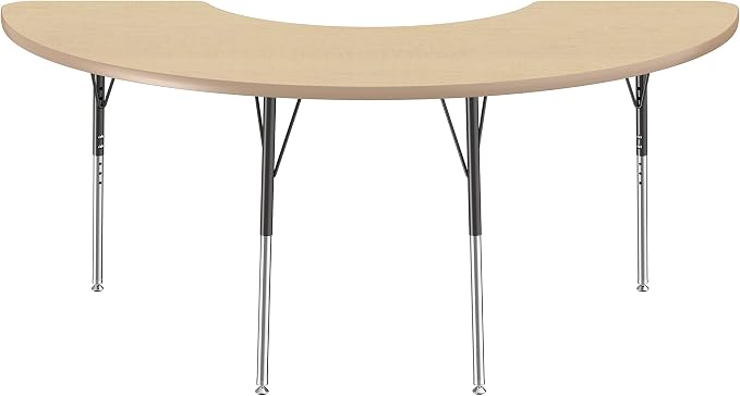 FDP Half Moon Activity School and Office Table (36 x 72 inch), Standard Legs with Swivel Glides for Collaborative Seating Environments, Adjustable Height 19-30 inches - Maple Top and Maple Edge
