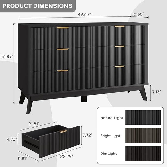 SUNWAVE 6 Drawer Dresser for Bedroom, 49.6" Wide Modern Fluted Dresser with Round Corner, Wood Chest of Drawers for Living Room (Black)