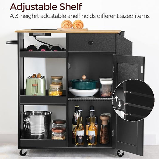 MAHANCRIS Kitchen Island with Power Outlet, Kitchen Storage Island with Drawer, Rolling Kitchen Cart on Wheels, Spice Rack, Towel Rack, Wine Rack, for Dining Room, Black and Natural KIHN122E01