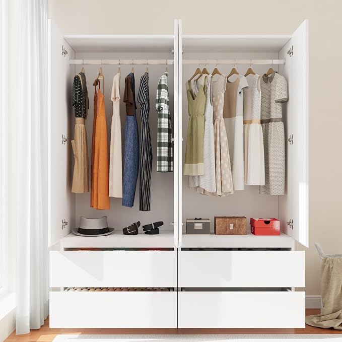 Armoire Wardrobe Closet with 4 Doors, Wooden Wardrobe Cabinet with 4 Drawers, Hanging Rod & Shelves, Freestanding Closets for Bedroom (White, 2)