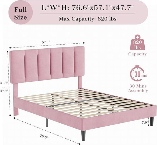 VECELO Full Size Bed Frame with Upholstered Headboard, Heavy-Duty Platform Bedframe with Strong Wooden Slats Support, No Boxing Spring Needed, Velvet & Pink