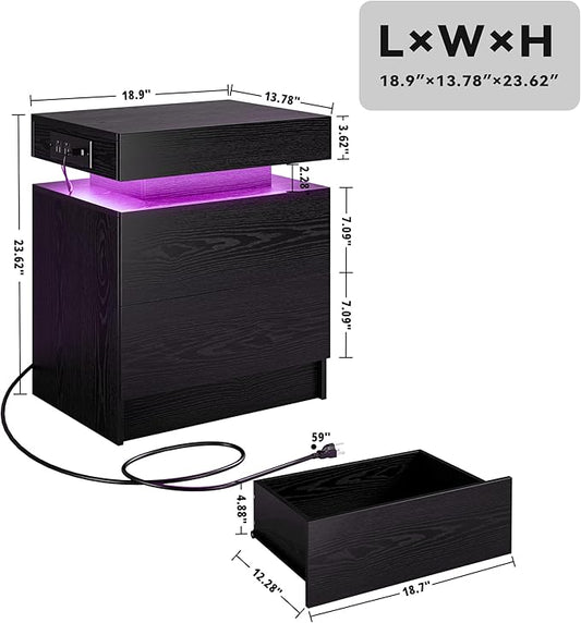 LIKIMIO Nightstand Set of 2 with Charging Station LED Light 2 Drawers Black | set of 2; bedside table; end table; charging station; LED light; 2 drawers; black wood grain; small space