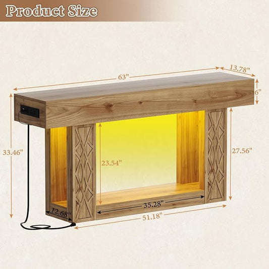 Unikito 63" Console Table with Outlets & LED Lights, Farmhouse Entryway Table with Unique Geometric Pattern, Sofa Table Behind Couch with 2-Tier Storage for Living Room, Hallway, Foyer, Natural Oak