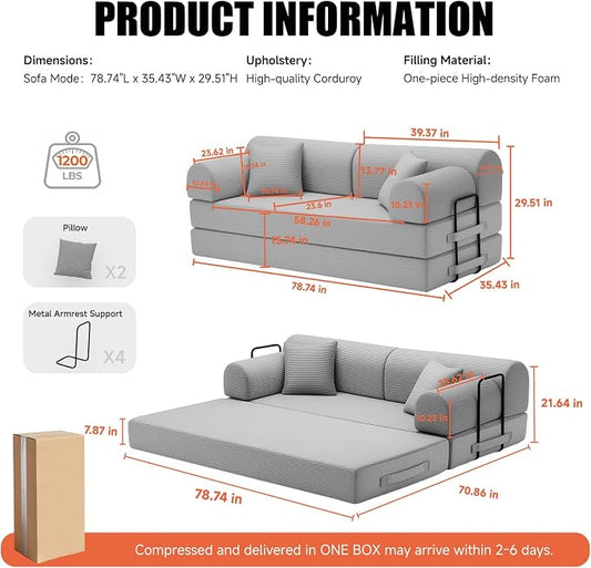 78.8" Boneless Memory Foam Couch, Corduroy Convertible Floor Sofa Bed, Fold-Out Sleeper Futon Loveseat, Wide Armrests & Supportive Back, 1200 lb, Couch in a Box, 2 Pillows, Light Grey