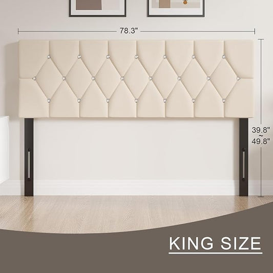 VECELO Tufted Upholstered Headboard King Size, with 6 Adjustable Height from 39.8" to 49.8", Button Diamond Design, Easy Assembly, Beige