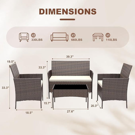 4 Piece Outdoor Patio Furniture Set, All-Weather Gray Wicker Rattan Conversation Set with Cushions, Loveseat, Chairs & Coffee Table for Porch, Backyard & Balcony