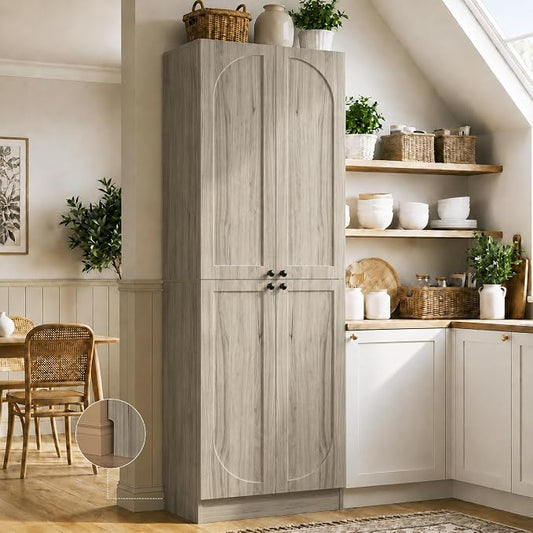 Cyclysio 80" Kitchen Pantry, Extra Tall Arch Storage Cabinet with 4 Soft Close Doors and Adjustable Shelves, Freestanding Wood Cupboard with Seamless Fit Wall for Dining Living Room Bathroom Furniture