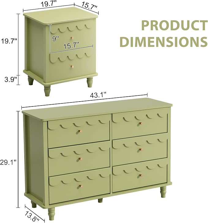 Anbuy Bedroom Sets 2 PCS 6 Drawer Dresser and Night Stand Sets for Bedroom, Two Drawers Nightstand & Scalloped 6 Drawer Dresser Combo 2 Pieces(Green)