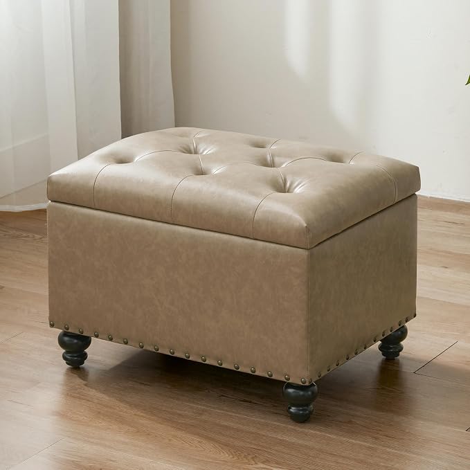 Zihanhome Leather Ottoman with Storage, Upholstered Button Tufted Ottoman Foot Rest, Foot Stools, 24" Rectangle Ottomans with Storage for Living Room, Bedroom, Dorms and Apartments (Taupe Brown-PU)