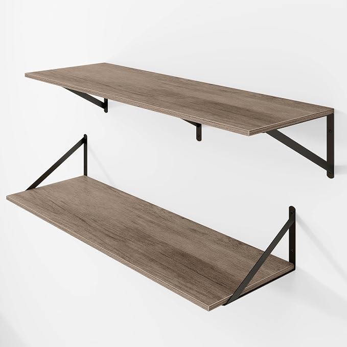 Heimlove Deep Floating Shelves for Wall, 36W x 12D Rustic Grey Wood Wall Shelves Set of 2, Large Floating Shelf for Living Room, Kitchen, Office, Bedroom and Decor Storage, with Metal Bracket - Grey