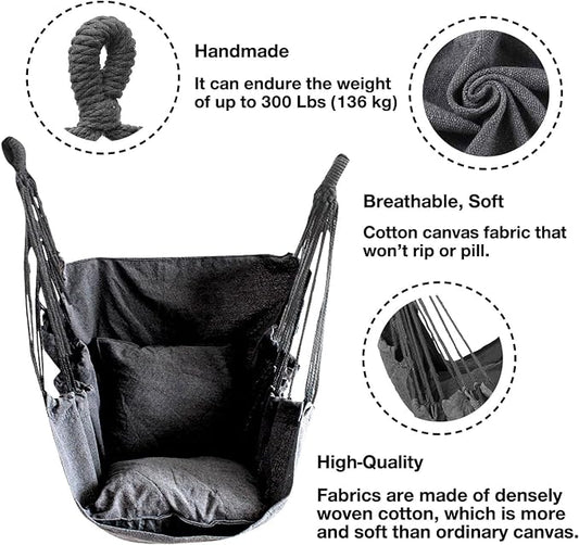 Hommtina Hammock Chair Hanging Rope Swing, Max 300 Lbs Hanging Chair with Pocket & Durability Perfect for Outdoor, Home, Bedroom, Patio, Yard (Pillows NOT Included,Dark Gray)