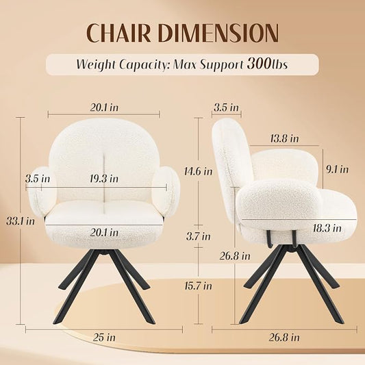 Cute Desk Chair No Wheels Set of 2, 360° Swivel Accent Chairs with Arms, Modern Upholstered Dining Room Chairs with Tufted Cushion, Accent Chairs for Home Office/Bedroom/Kitchen, Teddy Sherpa, Beige