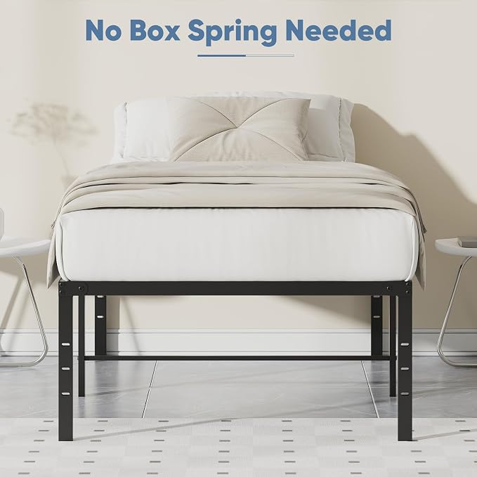 DUMOS Twin Size 18 Inch Bed Frame - Metal Platform Bed Frame Mattress Foundation with Steel Slat Support, No Box Spring Needed, Storage Space Under Base, Easy Assembly, Black