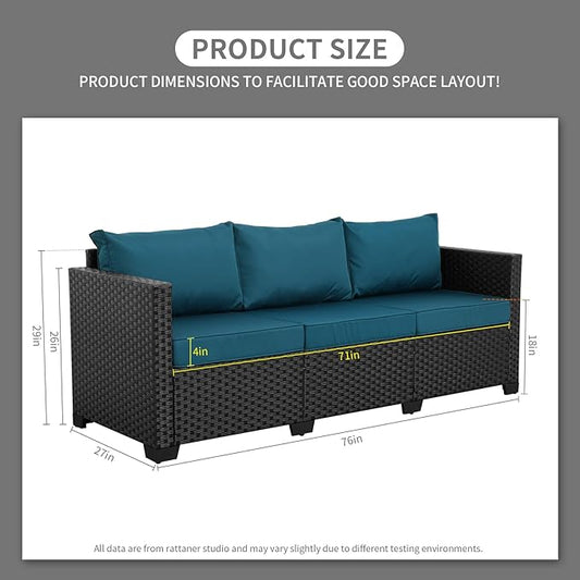Rattaner Outdoor Furniture Outdoor Couch Patio Furniture 3-seat Sofa Deep Seat Hight Backrest with Waterproof Cover and Anti-Slip Cushions, Peacock Blue