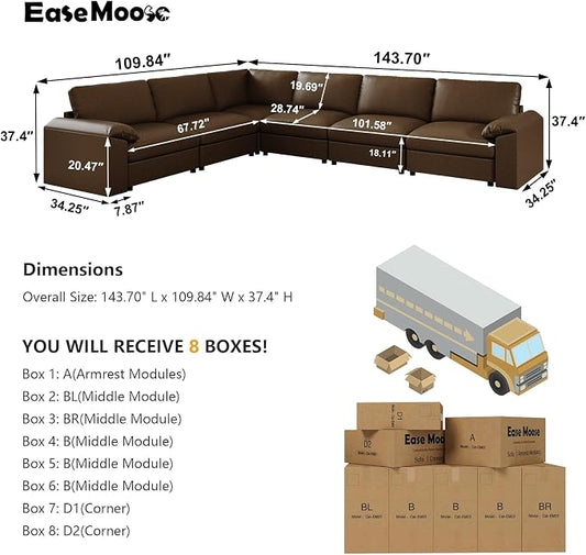 EASE MOOSE Leather Sectional Couch, Oversized Modular Sectional Sofa, Classic Wide Deep Seat Modular Couch, Scratch Resistant Faux Leather Material, L Shaped Sofas for Living Room, Deep Brown