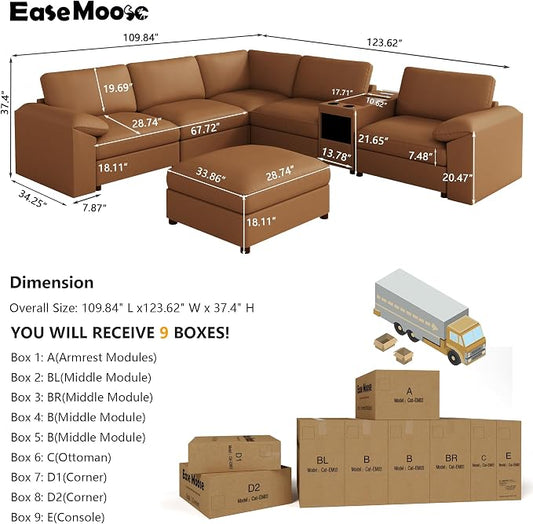 EASE MOOSE Oversized Corner Modular Sectional Sofa with Ottoman and Console, Faux Leather Sectional Sofa with Deep Seat, Scratch Resistant Faux Leather Material, Extra Large L Shaped Couch,Brown