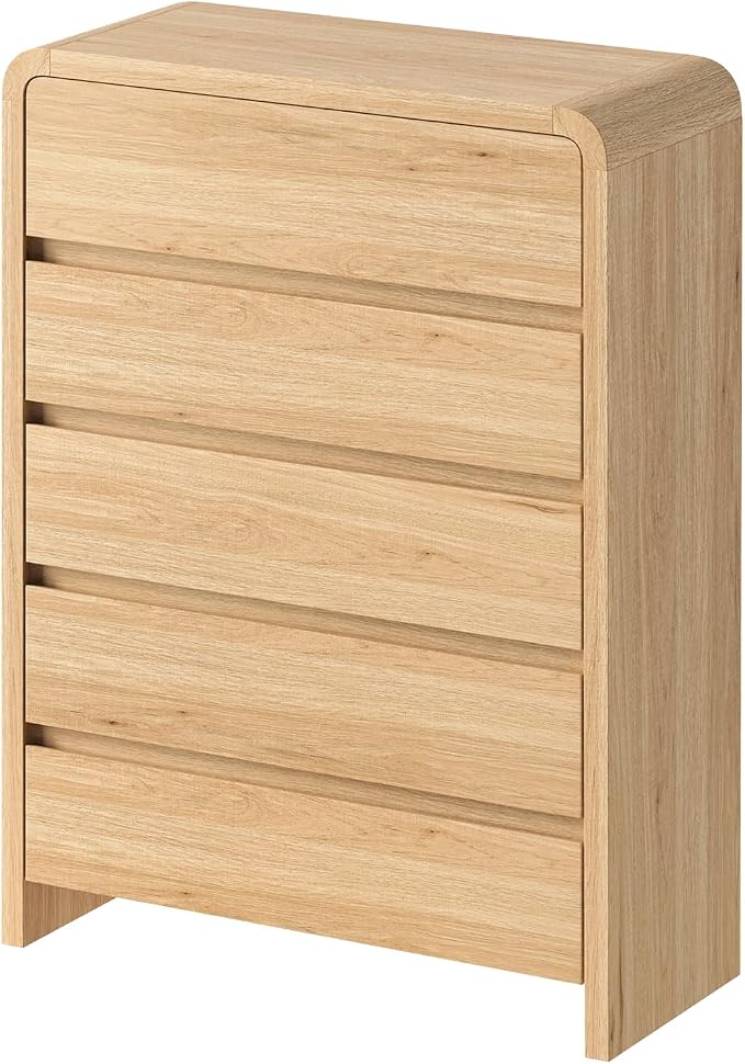 AMERLIFE 5 Drawer Tall Dresser for Bedroom, 48" Modern Storage Cabinet with Anti-Tip Kit, Rounded Corners & Easy Assembly, White Wood Chest for Closet, Apartment, Light Oak