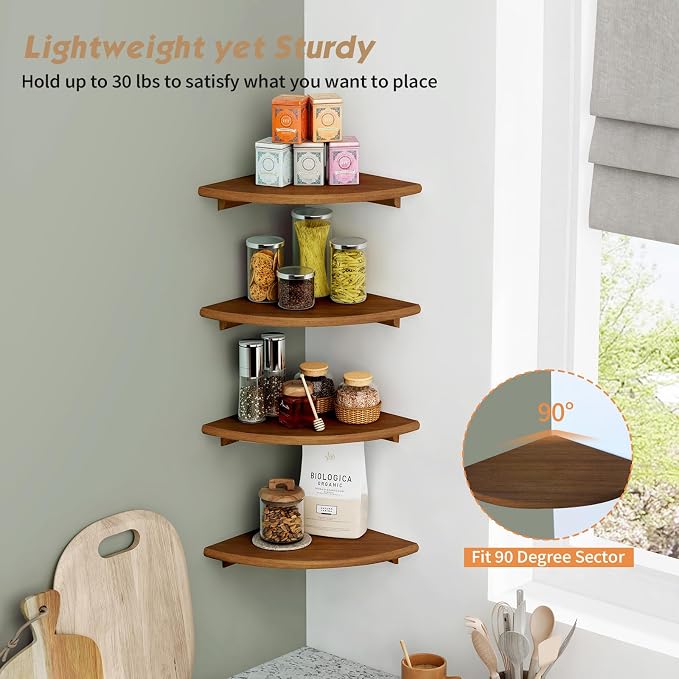 Forbena Walnut Brown Floating Corner Shelves for Wall 4-Pack, Small Corner Wall Shelves for Kids Room, Cute Wooden Hanging Corner Shelf for Bedroom Bathroom Decor, Living Room, Small Spaces