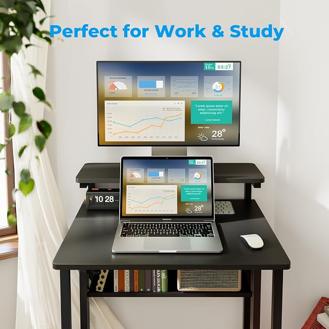GreenForest Folding Desk with Adjustable Monitor Stand, 24.8 in Small Desk | Storage Shelf, Lockable Wheels, Portable, Space Saving, Mobile Rolling Table for Small Spaces, Home Office, Writing, Black