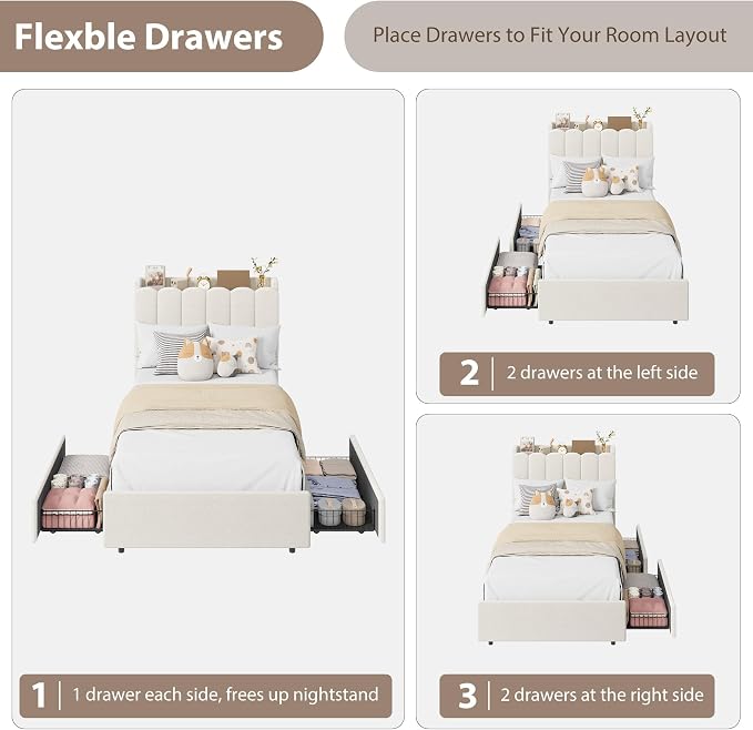 Garvee LED Twin Size Bed Frame with Storage Headboard, Kids Bed Frame with 2 Drawers, Boucle Upholstered Platform Bed for Girls, Chic Wavy Headboard with Bookcase, No Box Spring Needed, White