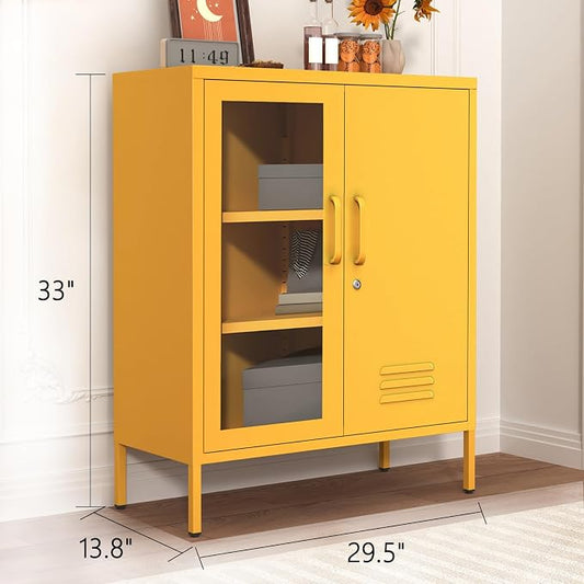 33" Tall Yellow Metal Locker Storage Cabinet with Lock Left Glass Door and Right Metal Door 2 Adjustable Shelves Steel Storage Organizer for Foyer Living Room Size:33" H X 29.5" W X 13.8" D