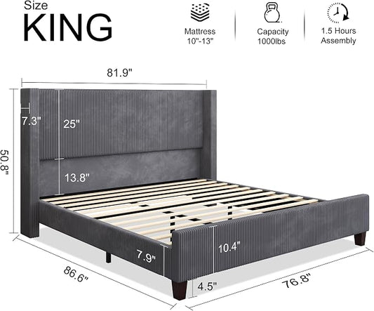 HOWE King Size Bed Frame with 50.8 Inch Corduroy Wingback Headboard, Gray | Modern Upholstered Platform Bed, Solid Wood Slats, No Box Spring Needed, Noise-Reducing Design