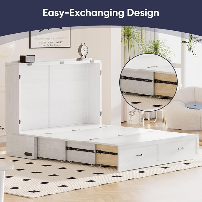 ijuicy Queen Murphy Cabinet Bed, Storage & Charge, No Mattress, White | Queen Murphy Bed Built-in multifunctional charging station & storage drawers, space-saving foldaway design for guest room.