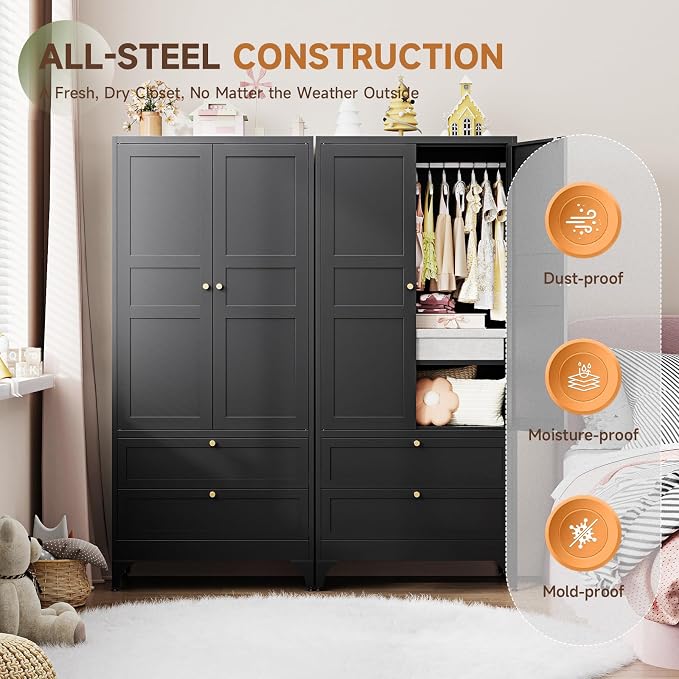 Letaya 71" Metal Wardrobe Cabinets with 2 Drawers,Steel Armoire Wardrobe Closet with Doors and Shelves,Clothing Storage Cabinets with Hanging Rod for Bedroom, Gym, Cloak Room,Black