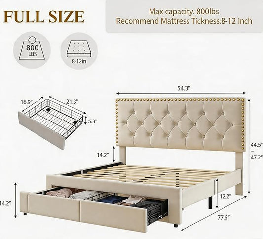 GarveeHome Full Size Bed Frame with Storage Drawers — Velvet Upholstered Platform Bed with Vintage Headboard, Wooden Slat Support, Noise-Free, No Box Spring Needed, Beige