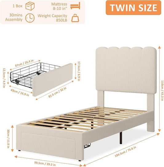 GarveeHome Twin Bed Frame with Under-Bed Drawer, Upholstered Platform Bed with Wave Headboard for Kids/Girls, Wooden Slats Support, No Box Spring Needed, Boucle White