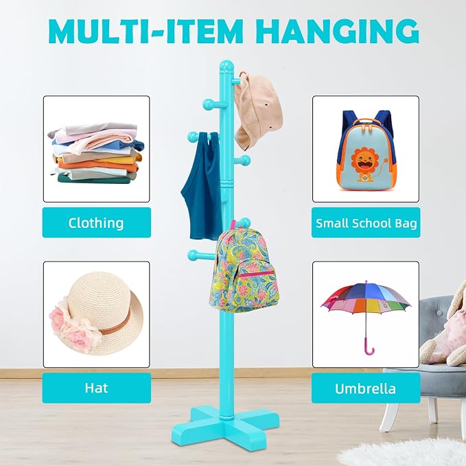 Coat Rack, Freestanding Coat Racks with 8 Hooks 2 Adjustable Height, Tree Coat Rack for Bedroom, Hallway, Entrance, Office, Hats, Handbags,Purse (Blue)