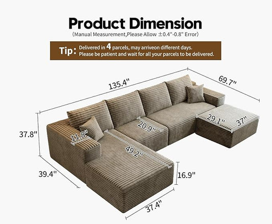 135.4" Cloud Modular Sectional Couch with 1 Ottoman,Modern Minimalist Upholstered Couches, Comfort U Shaped Sofa for Living Room,Deep Seat Corner Couch,No Assembly Required (Camel,Left Facing Chaise)