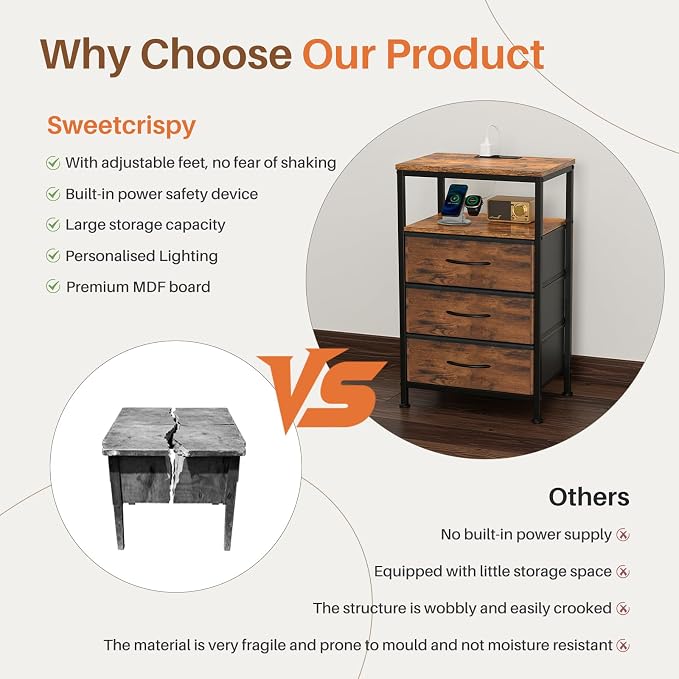 DUMOS Nightstand with Charging Station, Bedside End Table with 3 Fabric Drawers & USB/Type-C Ports and Outlets, Night Stand for Bedroom Furniture, Adjustable Feet and Variable Light Strip, Rust
