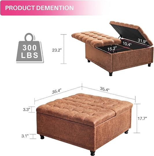Redlife 35 Inch Large Square Storage Ottoman, Storage Ottoman Coffee Table with Lift Top Faux Leather Ottomans Square Footrest Oversized Upholstered Coffee Table for Living Room (Brown Leathaire)