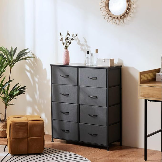 OLIXIS 8 Drawer Storage Dresser with Wood Top - Wide Fabric Chest Organizer for Bedroom, Closet, Living Room,Tower Cabinet, TV Stand, Hallway Entryway Furniture,Grey