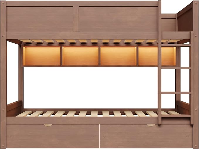 Merax Full XL Over Full XL Wood Bunk Bed Frame with Ladder,Storage Shelves & Drawers for Teens, Modern Low Bunk Bed with Solid Slats, Guardrail, No Box Spring Required, Easy Assembly, Brown