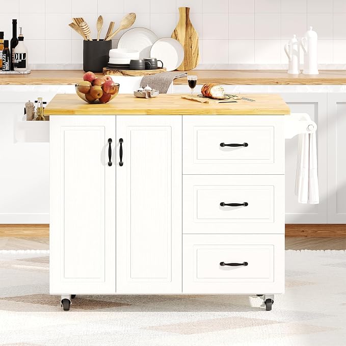 4 EVER WINNER 43" Modern Farmhouse Kitchen Island Cart with Drop Leaf, 3 Drawers, Adjustable Shelf, Spice Rack & Towel Rack, Rolling Kitchen Island for Small Kitchen & Dining Room, White