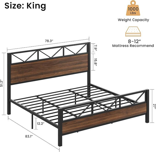 LIKIMIO King Bed Frame, Tall Industrial Headboard 51.2 ", Platform Bed Frame with Strong Metal Support, Solid and Stable, Noise Free, No Box Spring Needed, Easy Assembly, Walnut