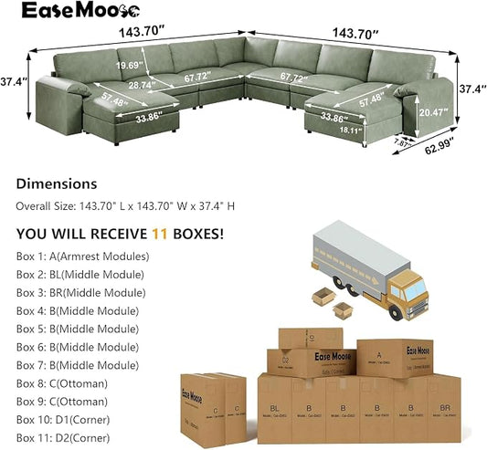 EASE MOOSE Faux Leather Sectional Couch with Ottoman, Oversized Modular Sofa, Vintage Comfy Modular Couch, Scratch Resistant Material Sofas, U Shaped Couch for Living Room, Green