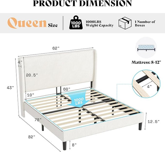AMERLIFE Queen Bed Frame, Upholstered Platform Bed with Corduroy Headboard, Easy Assembly Modern White Bed Frame with Wooden Slats Support, No Box Spring Needed, Cream