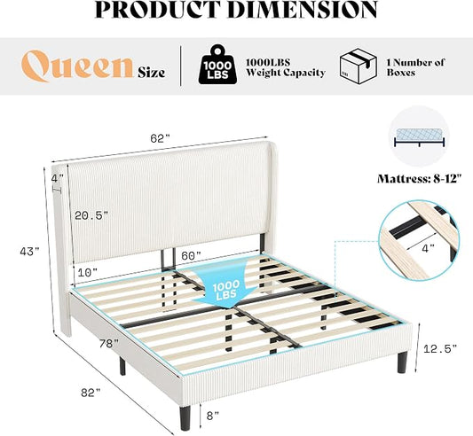 AMERLIFE Queen Bed Frame, Easy Assembly Modern White Bed Frame with Wooden Slats Support, Upholstered Platform Bed with Corduroy Headboard, No Box Spring Needed