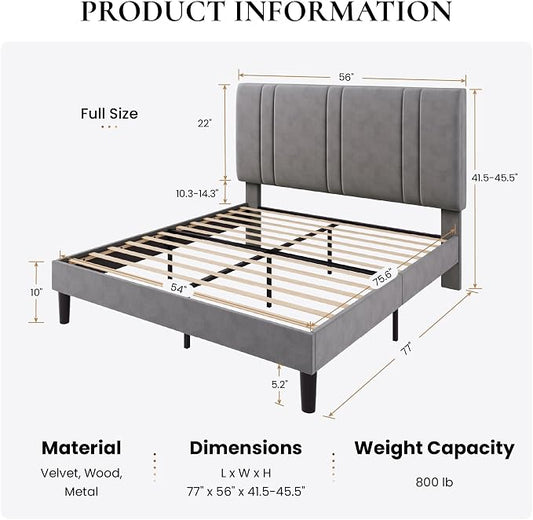 SHA CERLIN Full Size Platform Bed Frame, Velvet Upholstered Bed with Adjustable Headboard, Vertical Channel Tufted Design, Sturdy Wood Slat Support, No Box Spring Needed, Easy Assembly, Light Grey