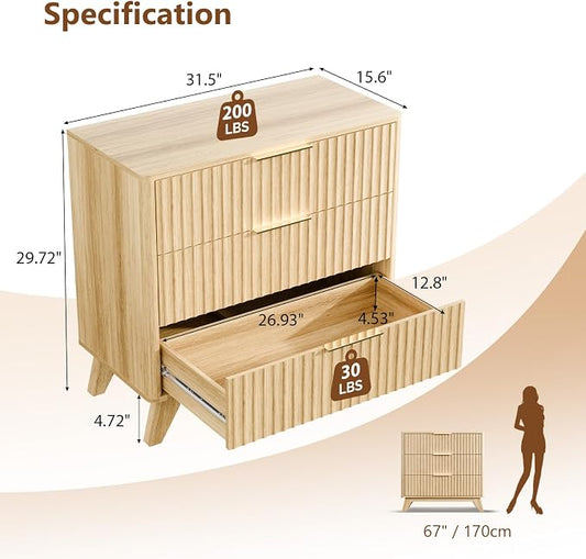 VINGLI Fluted Wood Nightstand 3 Drawer, 31.5" W Mid Century Modern Nightstand Tall, Fluted Bedside Table, End Table, Night Stand for Bedroom, Oak, 31.5" W*15.96" D*29.72" H
